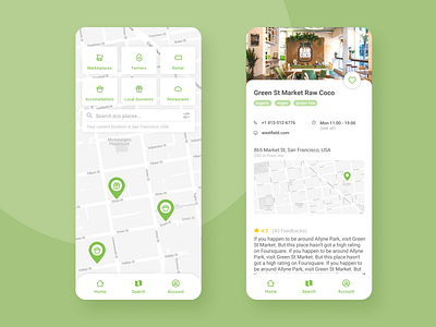 Concept for eco app application ecommerce ecommerce app green icons ios map mobile navigation place profile ux uxui