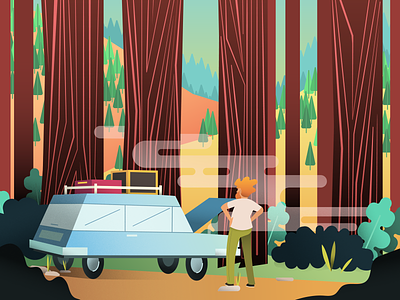 Auto Trouble bayarea breakdown car forest illustration illustrator person redwoods trees vector art vector illustration wilderness