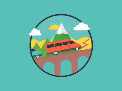 Travel Illustration adventure badge bridge clouds mountain road travel van