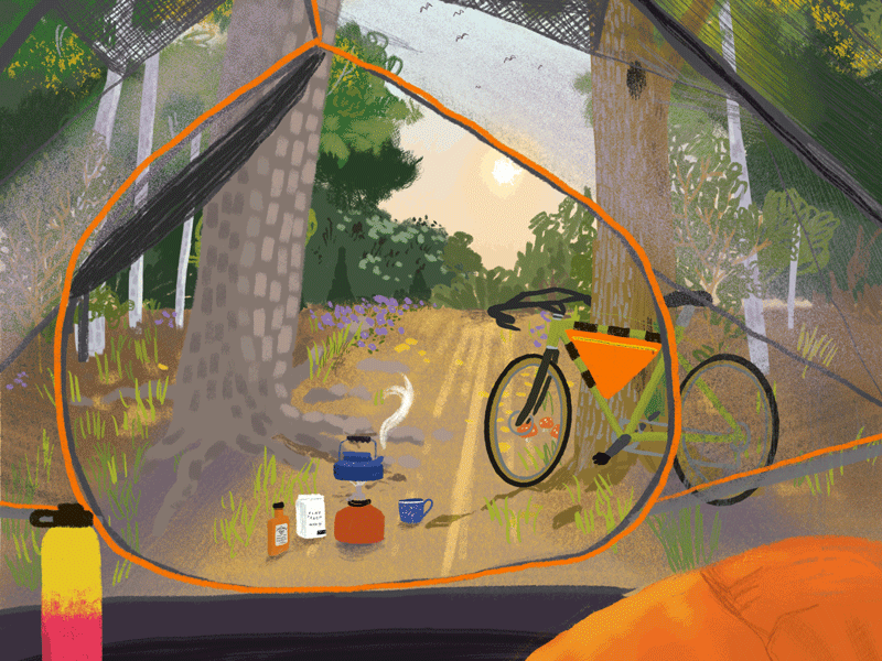 Morning View animated gif animated illustration bike camp camp stove camping illustration procreate procreate app tent