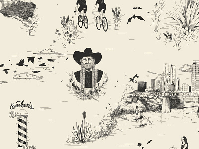 "Austin Toile" Illustrated Wallpaper for Barbon's Barbershop austin austin texas illustration pattern pattern design procreate wallpaper willie nelson