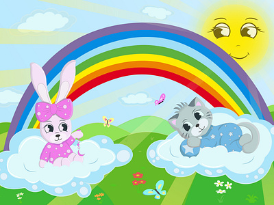 Children's illustration - cat and bunny ride on clouds and rainb