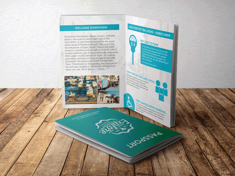 DIB Parking Passport book booklet branding collateral design guide layout passport pensacola print