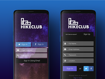 Hikeclub animation app form home mobile register signing signupform social buttons space ui ux