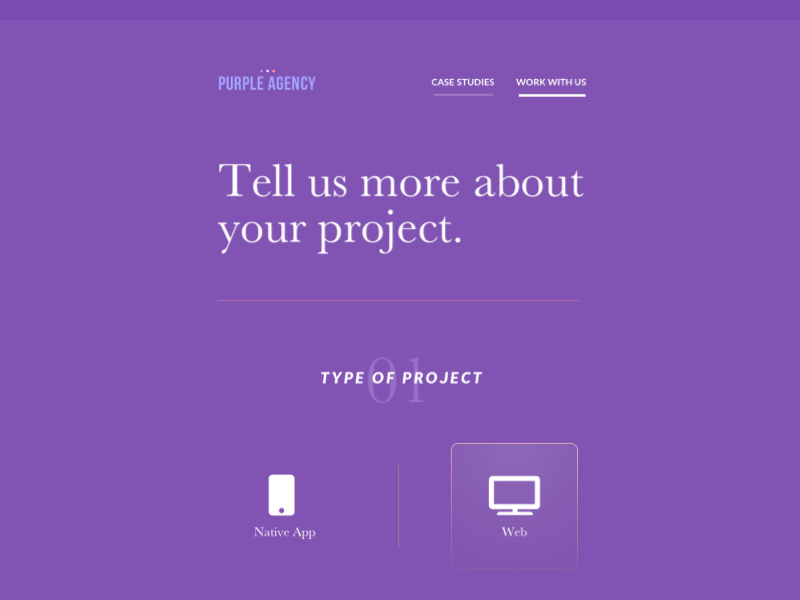 Agency Project Form agency app brand agency budget buttons deadline form input minimal purple select signup simple design slider tabs typography ui vancouver web design website