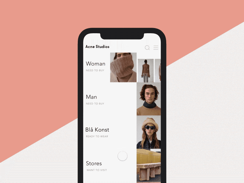 About Acne studios app concept design flat design interaction ios 8 iphonex scrolling search user experience