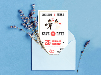 SAVE the DATE bride commissioned coralgold groom illustration savethedate theme typo weddinginvite