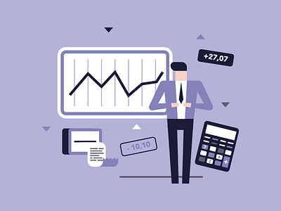 Finance World calculator character down finance graph illustration man money purple up wall street