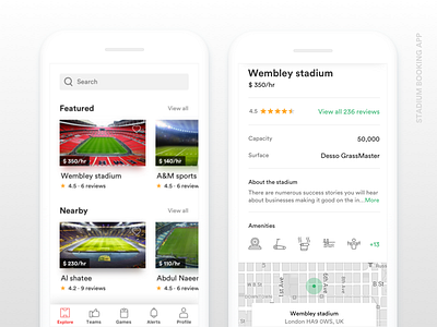 Stadium Booking App ui·ux cards flat football icons information ios members ui clean minimal
