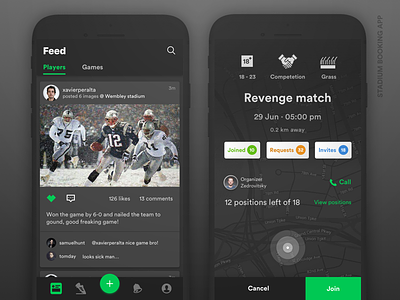 Games and Players Discovery Dark App Ui/Ux event feed football games match minimal nearby play stadium
