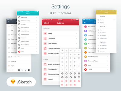 Freebie : Settings Screens & icons Ui Kit account controls edit freebie icons manage settings sketch ui