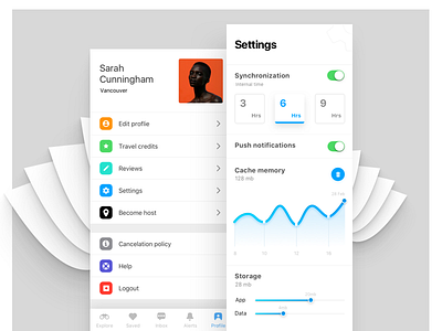 Settings and Profile Page UI cards clean concept design flat graph icons profile settings tracking typography ui