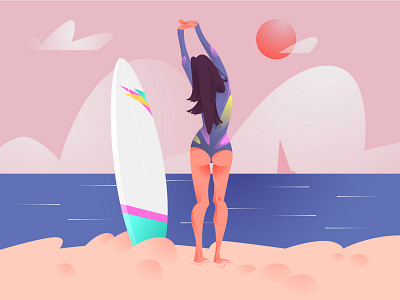 Pinky Summer beach board girl illustration pink sand sea summer sunset surf vector