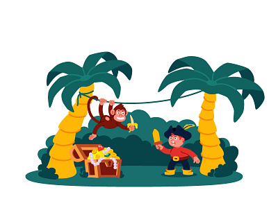 Cartoon pirate treasure cartoon chest cute island jungle kid monkey pirate sword treasure