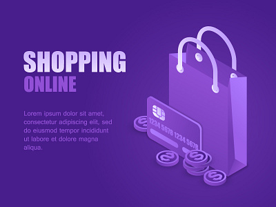 Shopping online bag bank card coin credit isometric landing money online package shop shopping