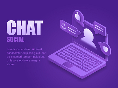 Social chat chat emoji isometric landing laptop like messenger purple smile socail