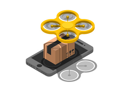 Concept online delivery percel with use drone in isometric box concept drone isometric percel quadcopter smartphone vector