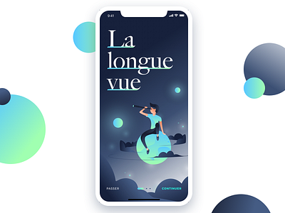 La Longue Vue alexandre lartique app blue color design illustration inspiration ios light mobile moon night planet sky star telescope typography ui ux