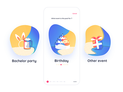 Money pool alexandre lartique app bachelor party birthday birthday cake blue design gift illustration ios mobile money money pool ui ux yellow