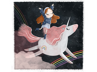 Day dreaming colorfull colour cute daydream digital digital design drawing girl happy illustration orange rainbow unicorn whimsical