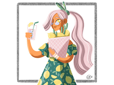 Pink lemonade character design design digital digital design drawing fashion female green hair illustration lady lemon lemonade pink ponytale spring summer whimsical woman