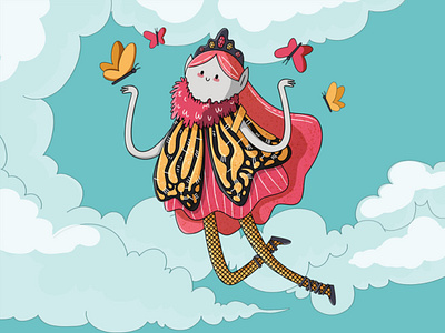 butterfly blue butterfly character design clouds color cute digital digital design drawing fantasy felame fly happy illustration pink sky whimsical woman