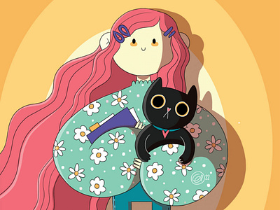 happy days art cat character design digital digital design drawing female floral friends hair happy illustration pet pink vector whimsical woman yellow