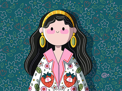 strawberry eyes brunette cartoon character design cute design digital digital design drawing female floral flower girl green illustration pattern pink portrait red strawberry whimsical