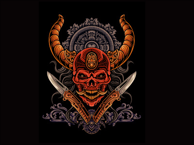 Skull head design with bayonet knife with classic carved orname backgrounds beautiful branding classic cover album decorative demon design horror illustration logo retro skull skull head tatto tatto design ui vector