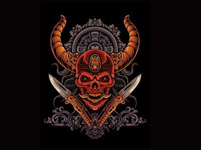 Skull head design with bayonet knife with classic carved orname