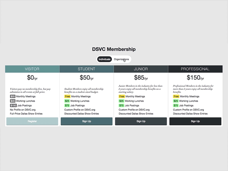 Sliding Responsive Flexbox Pricing Table by Nathan Gathright on Dribbble