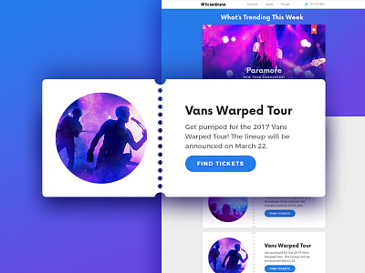 What's Trending Email Concept blue email events layout purple tickets ui card