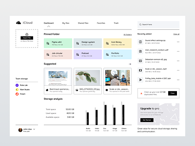 iCloud - Cloud Storage Dashboard chart cloud app data management drag and drop file manager file sharing file upload folder google drive import files iqbaluxui minimal modern my drive product design saas product storage analysis storage system uiux design web app