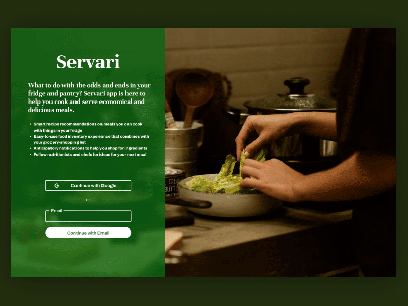 Servari app sign-up page branding food sign up ui web app