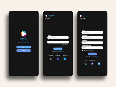 VIVY :- Login and Sign up page app design black theme interface login movies sign up uiux youtube