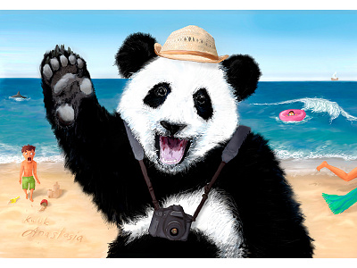 Tourist-panda. Vacation illustration. animal beach boy humor joke ocean panda sand sea tourist travel vacation