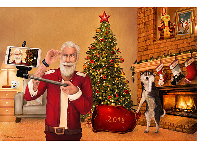 Selfie Santa. New Year. Christmas. Husky. 2018 chimney claus cristmas dog gift holiday husky new year room santa selfie