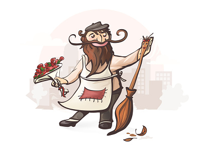 Janitor In Love. Funny Art art beard broom character dance emotions flovers janitor love mascot mustaches yardman