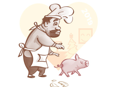 The Chef in love with funky pig symbol of new year 2019 art cartoon character chef colorfull cook fun illustration new year 2019 pig