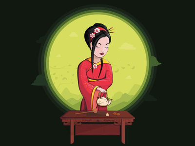 Beautiful japanese girl. Tea ceremony. (green tea) cartoon ceremony character china colorfull girl green illustration japanese mascot relax spring tea wind woman