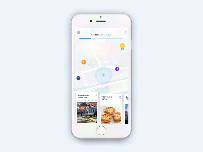 Map interaction for a city explorers app_ app card challenge flow interaction interface map mobile motion navigation ui ux