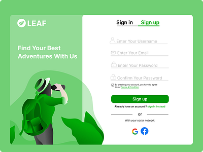 Sign up landing page adventure app clean daily design graphic design green landing page mountain nature sign in sign up template ui web white