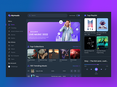 Music Dashboard artist band elegant landing page music music blog music player musician play player playlist pop radio singer song songs spotify talent ui web