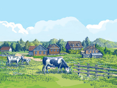 Dairy farm cow dairy engraving farm food illustration illustration label landscape milk packaging product