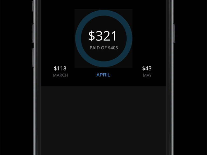 Activity Screen, v2 animated bills iphone mobile payments radial gauge money dark app transition