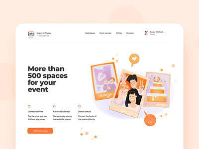 Bash Today: aggregator and marketplace for booking event spaces design hero page illustration landing page uprising web