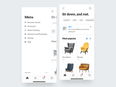 Furniture Ecommerce Application app application blue chair chairs design ecommerce flat furniture gift homepage list menu modern product products shop tags ui ux