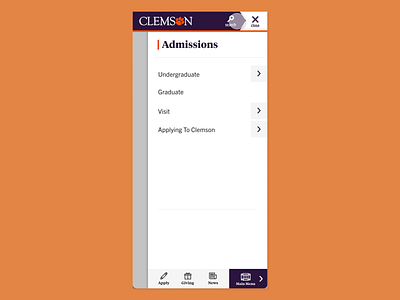 Clemson.edu Mobile Menu clemson higher education mobile ui web design