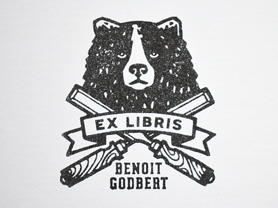Ex libris Benoit Godbert bear black and white book bookplate chisel design drawing ex libris graphic graphic design stamp