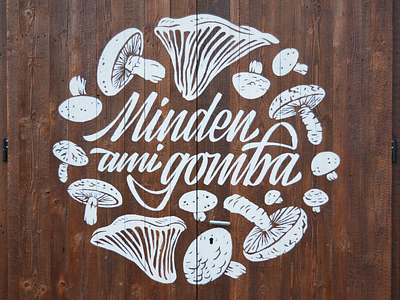 "Minden ami gomba" brush drawing graphic design graphics logotype monochrome mural mushroom painting restaurant script type